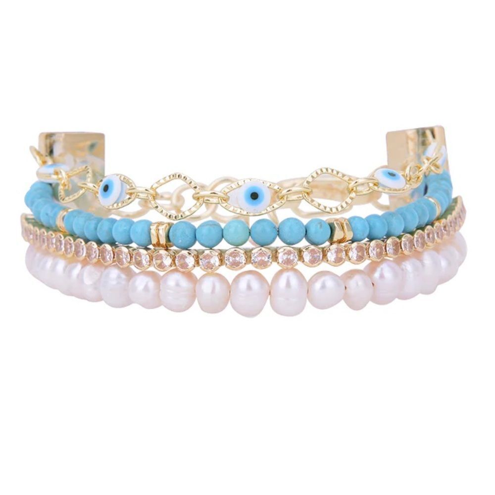 NWT Victoria Emerson Evil Eye Pearl Gold Plated Multi Layer Cuff Bracelet